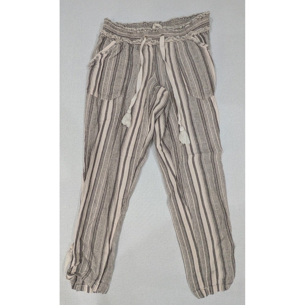 Jolt Striped Jogger Pants Womens 3/26W Brown Cream Boho Tassel Drawstring